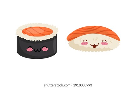 Funny Sushi and Maki with Smiling Faces Vector Set