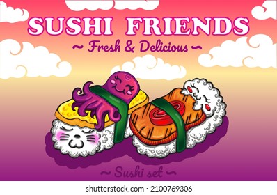 Funny sushi poster, vector illustration. Asian restaurant menu cover, sushi. Cute cartoon kawaii sushi. Against the background of clouds. Nigiri on a gradient background from pink to purple
