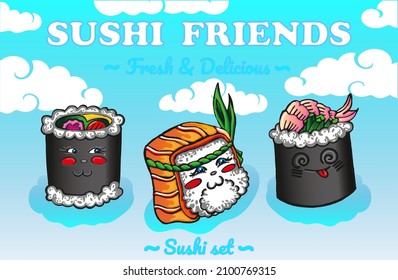 Hübsches Sushi-Poster, Vektorgrafik. Asiatische Speisekarte-Cover, Sushi.Cute cartoon kawaii Sushi.Hintergrund der Wolken 