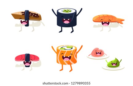 Funny sushi and roll characters set, asian food with cute faces vector Illustration