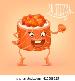 Funny sushi roll smiling character with caviar . Vector illustration