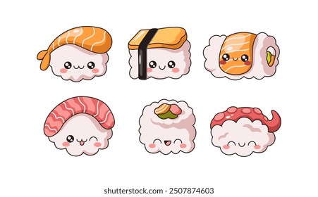 Funny sushi rolls and sashimi flat color vector illustration set. Kawaii Japanese snacks with faces characters on white collection