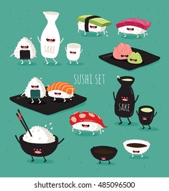 Funny sushi set. Bottle of sake, sushi, rice, soy sauce. Vector illustration. You can use in the menu, in the shop, in the bar, the card or stickers.