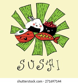 funny sushi with a smile drawn vector set