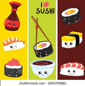 Funny sushi vector set for menu