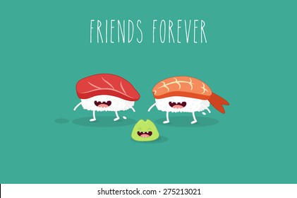 Funny sushi and wasabi. Japanese food. Vector cartoon. Friends forever. Comic characters. Use fo the menu, in the shop, in the bar, the card or stickers. Easy to edit. 