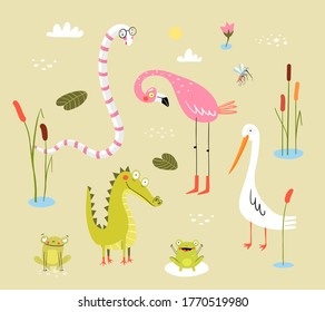 Funny swamp animals and birds, reptiles and nature. Pond living animals snake, crocodile, frogs, flamingo, duck or heron with reeds and cane. Clipart collection for kids. Funny cute print design.