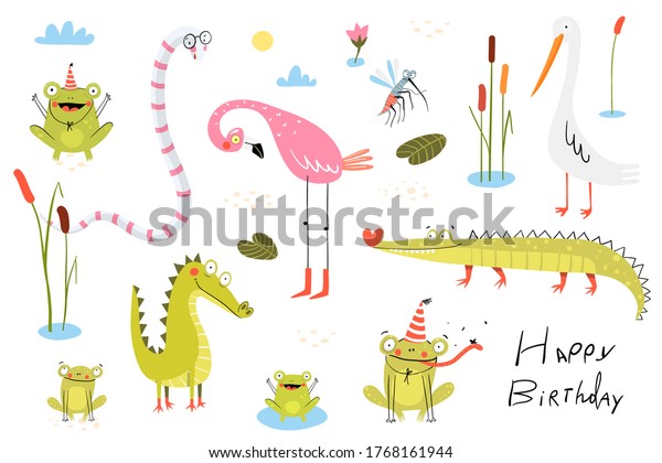 Funny\
swamp animals, birds, reptiles and nature items collection. Pond\
living animals: snake, crocodile, frogs, flamingo, duck or heron\
with reeds and cane. Clipart collection for\
kids.