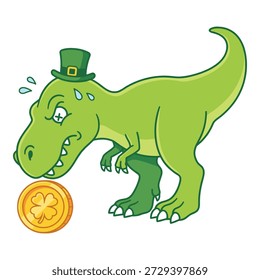 Lustiger schwitzender T-Rex im Kobold-Hut, der auf Goldmünze mit Shamrock herabblickt, sich glücklich oder gestresst fühlt.