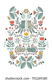 funny Swedish folk cartoon cats, birds and flowers. Ethnic animals and plants.