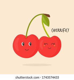 Funny sweet cherry character design. Fruit poster. Vector illustration.