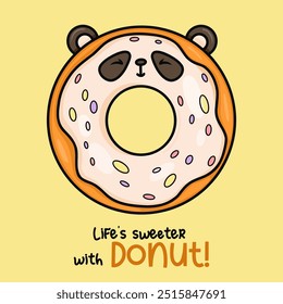 Divertido oso panda de donut dulce. Tarjeta linda con deliciosos pasteles de dibujos animados kawaii comida de carácter. Ilustración vectorial. Colección para niños