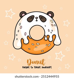 Divertida rosquilla dulce en forma de oso panda con gotas de glaseado blanco. Tarjeta linda con deliciosos pasteles de dibujos animados kawaii comida de carácter. Ilustración vectorial. Colección de niños.