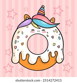 Funny sweet donut in shape of unicorn with drops white icing. Cute delicious pastries cartoon kawaii character on pink decorative background. Vector illustration. Kids collection