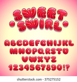 Funny Sweet Font, Vector Red Candy Alphabet And Numbers