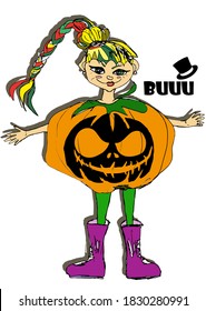 Funny sweet girl in a pumpkin costume with a braid hairstyle and purple hunter boots, cartoon, drawing