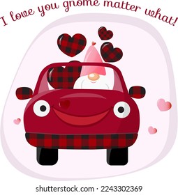 Funny sweet gnome in a car with shaped hearts for Valentine´s Day. Cartoon style. 