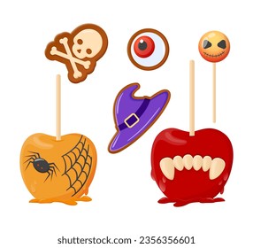 Funny sweet Halloween snacks or treats vector illustrations set. Collection of cartoon drawings of glazed apples, creepy lollipop, witch hat cookie. Halloween, food, desserts, holidays concept