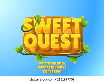 funny sweet quest with wood frame and vine leaves text effect. perfect for game logo title