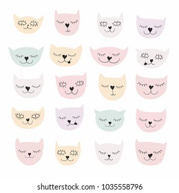 Funny Sweet Smiling Cats Vector Illustration. Pastel Colors Nursery Art. Colorful CuteCats on a White Background. Lovely Cats with Heart Shaped Nose. Dreaming Kities. Simple Infantile Style Design.