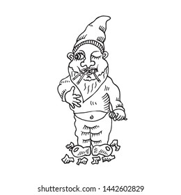 Funny sweet tooth gnome in hat eating many lollipops, hand drawn outline doodle sketch vector illustration, perfect for card, invitation, greeting design