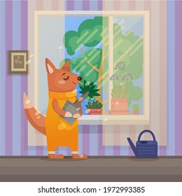 Funny and sweet vector illustration vith Fox. Fox in his cozy room with a lot of flovers. Can by used for children book or postcard.