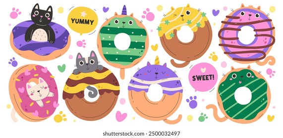 Funny sweet yummy cat donuts dessert snack creative bakery set with footprints and love heart signs pattern decoration. Comic kitten sticker baking cookie with positive emotion vector illustration