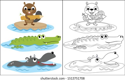 Funny swimmer animals. Beaver, crocodile and hippopotamus. Coloring page or book