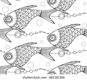 Funny swimming  fishes, seamless pattern for adult coloring book, zentangle vector design