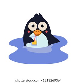 Funny Swimming Penguin with a Coctail. Vector Illustration