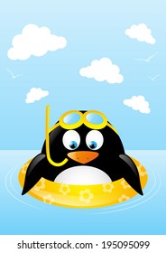 Funny swimming penguin with lifebuoy