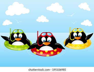 Funny swimming penguins with lifebuoy
