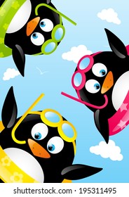 Funny swimming penguins on beach