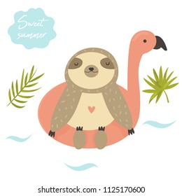 Funny swimming sloth. Summertime design. Cute animal