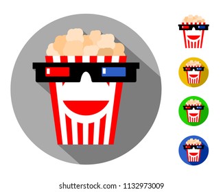 funny symbol of the cinema, comedy, film screening and films. popcorn in glasses for 3d (with a smile, hair and beard effects) .logo, sign, emblem, icon
