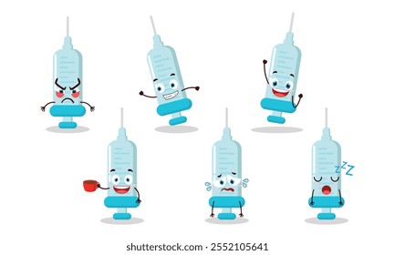 funny syringe cartoon character with various pose activity design illustration