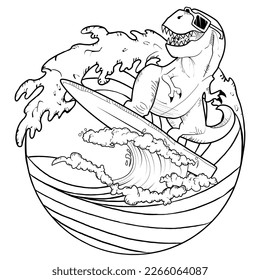 Funny T Rex surfer ride the big wave. Outline sketch of Tyrannosaurus on water surfboard