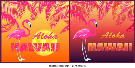 Funny T shirt prints with Aloha Hawaii lettering, flamingo, sun and orange and pink palm leaves silhouettes