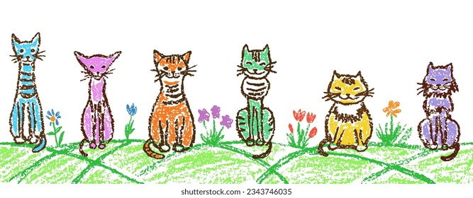 Funny tabby cat set on meadow. Border background. Crayon child`s hand drawn cute kitten on grass flower. Pastel chalk or pencil kids art stroke cats header banner. Vector artistic doodle simple pet