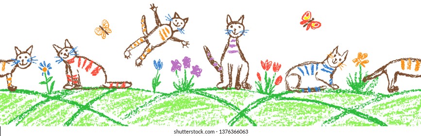 Funny tabby cat set. Seamless border background. Crayon child`s hand drawn cute kitten on grass flower. Pastel chalk or pencil kids art stroke cats header banner. Vector artistic doodle simple pet