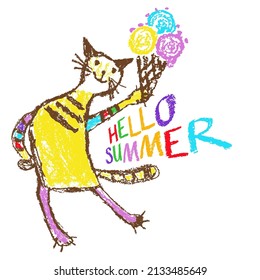 Funny tabby doodle cat in dress and ice cream. Cartoon crayon like child`s hand drawn cute smiling dancing kitten. Pastel chalk or pencil kids line art stroke. Vector artistic simple pet. Hello summer