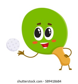 Funny table tennis, ping pong racket character with human face, cartoon vector illustration isolated on white background. Smiling table tennis, ping pong racket character, sport equipment
