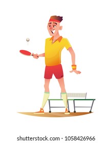 Funny table tennis player stands near a tennis table. Cartoon character design  illustration