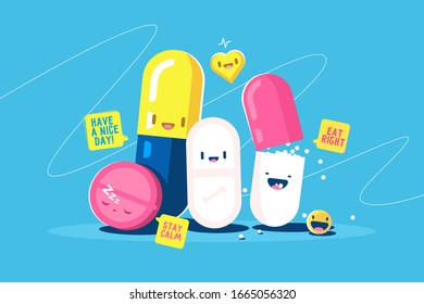 Funny tablets characters vector illustration. Pills, capsules with faces and speech bubbles have nice day, stay calm and eat right text flat style design. Healthcare and medicine treatment concept