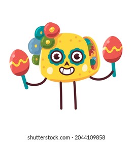 Funny taco celebrate day of the dead vector cartoon mexican food character isolated on a white background.