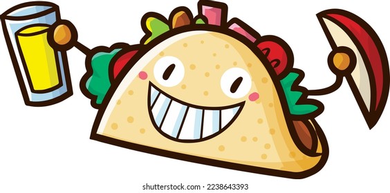 Funny tacos ready to have a party. Holding lemonade and sliced apple. Food concept for party.