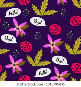 Funny talking ladybug with forest flowers. Cute bubble. Red bugs and blue plants. Summer insects with green leaf. Beautiful flowers in a minimalist style. Pattern with blue flowers. Amazing flowers