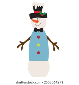 Funny tall snowman in a winter jacket and top hat  vector cartoon illustration