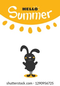 funny tan black rabbit on the yellow sun background. Hand drawn font - hello summer. Cute vector illustration