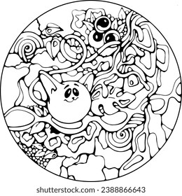 Gracioso gato enmarañado, ilustración aislada de material de doodle vectorial, página de libro de coloreo para niños, impresión de tarjetas de felicitación o invitación, contornos negros sobre fondo blanco